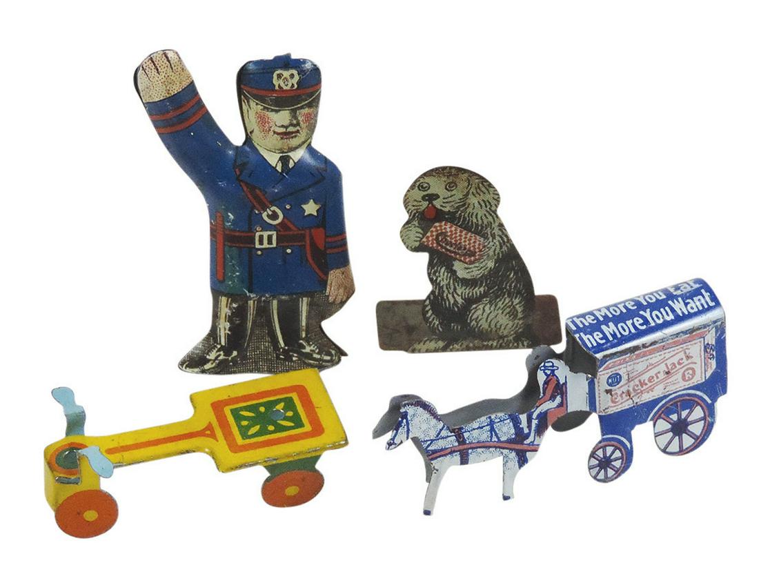 Toy Cracker Jack (4), CJ delivery wagon, policeman, Irish mail cart & Checkers dog, litho on tin, (1 of 1)