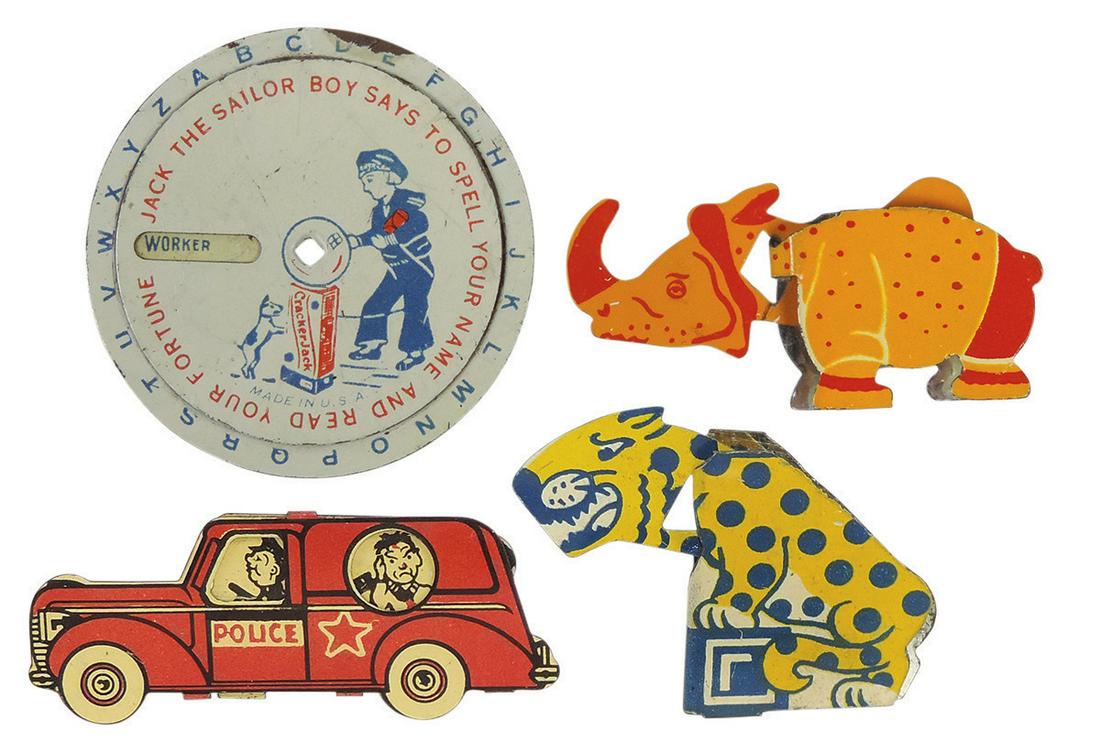 Toy Cracker Jack (4), leopard & rhino nodders, police car slider & fortune teller wheel, litho on (1 of 1)