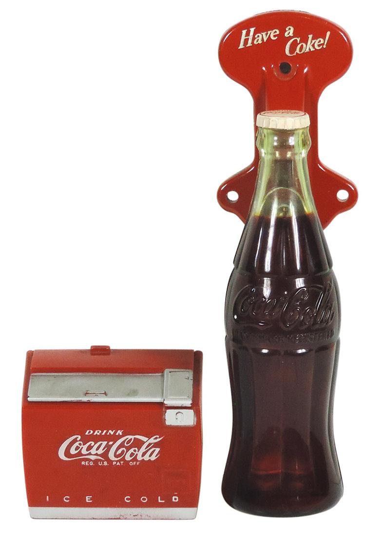 Coca-Cola Door Pull & Miniature Cooler Music Box, 1950's metal bottle door pull "Have a Coke", Exc (1 of 2)