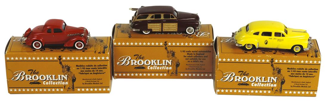 Toy Scale Model Cars (3), mfgd by Brooklin, 1935 Plymouth 5-Window coupe BRK. 90, 1948 Packard Eight (1 of 1)