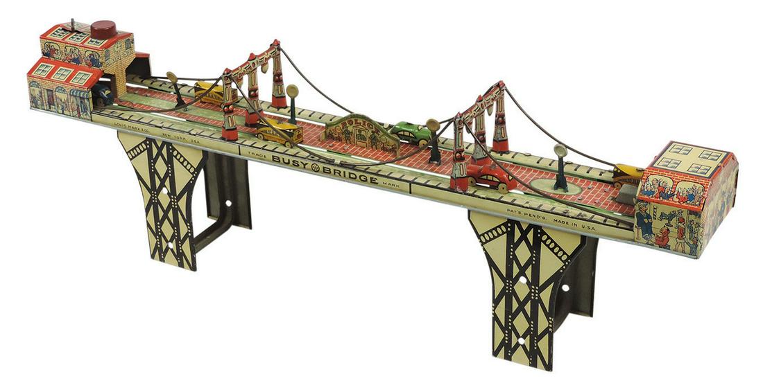 Toy Busy Bridge, mfgd by Marx, w/6 cars & buses on track, litho on tin windup, Exc working cond (1 of 2)