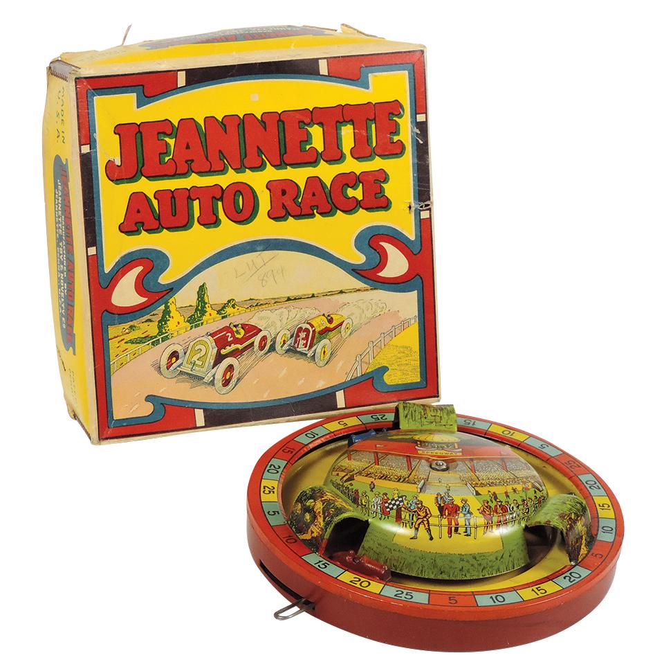 Toy Auto Race, Jeannette Toy & Novelty Co., litho on tin lever-pull windup, Exc working cond in orig (1 of 3)