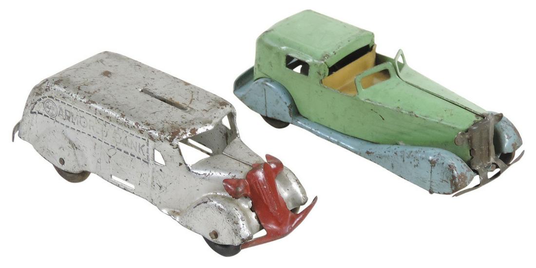 Toy Automobiles (2), Marx limousine & armored bank, pressed steel, Good+ cond, 6"L. (1 of 1)