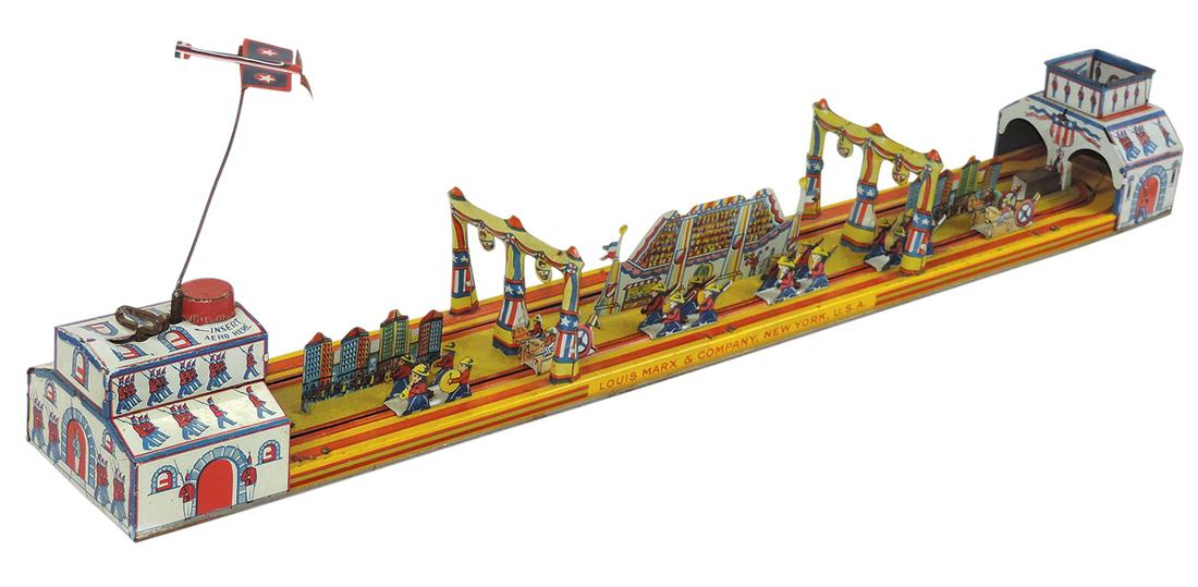 Toy Big Parade, mfgd by Louis Marx, 6 parading groups and airplane, litho on tin windup, VG+ (1 of 2)