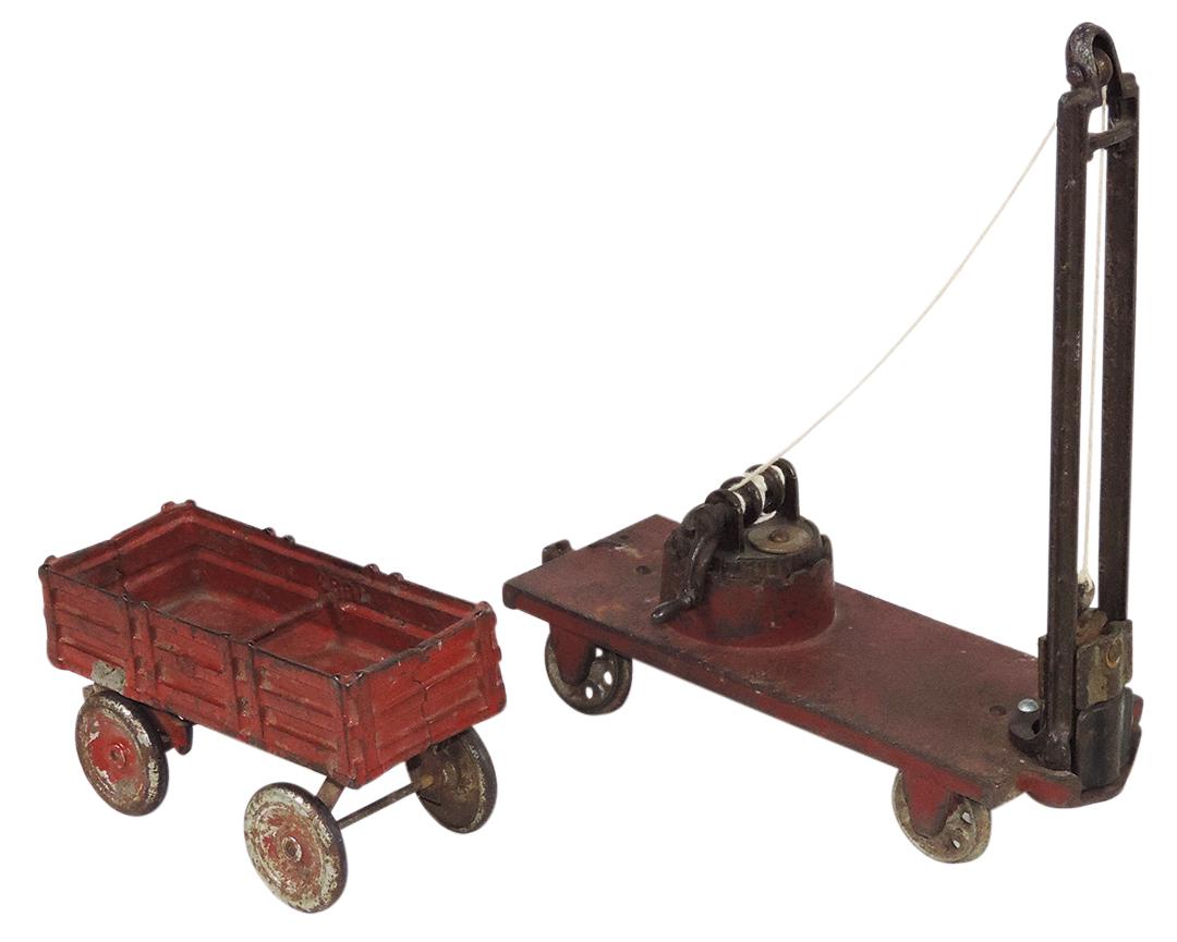 Toy Construction Vehicles (2), Arcade pile driver & stake wagon, cast iron, Good+ working cond (1 of 1)
