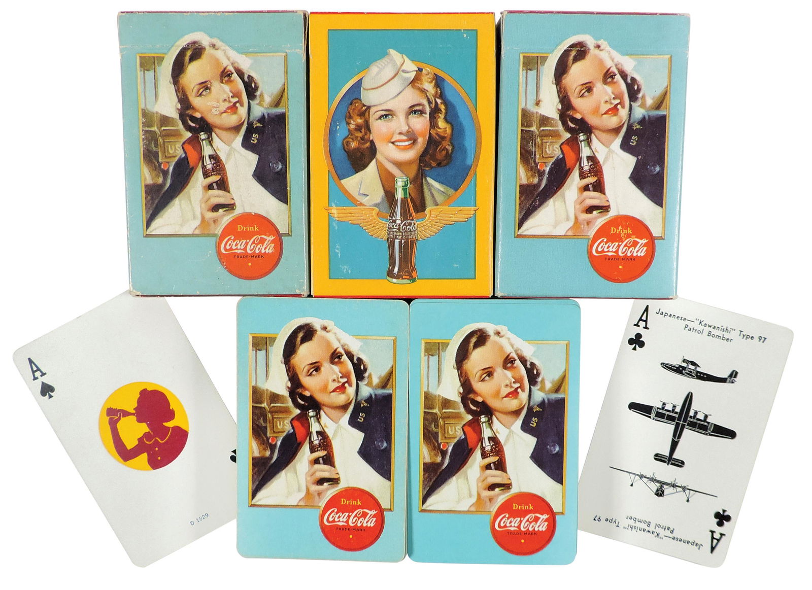 Coca-Cola Playing Card Decks (3), all c.1943, Nurse spotter & Nurse regular, both w/cards in Exc (1 of 2)