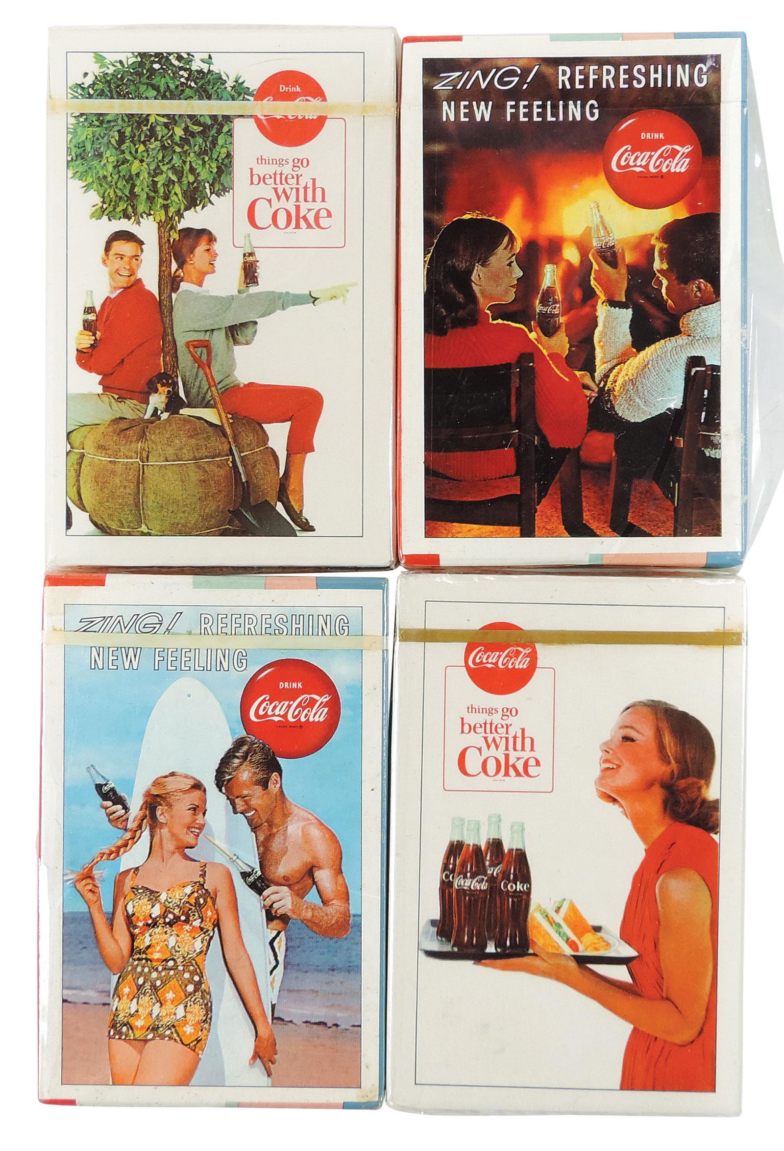 Coca-Cola Playing Card Decks (4), all 1963 sealed decks, Zing! Couple on Beach, Couple by Fire, (1 of 2)