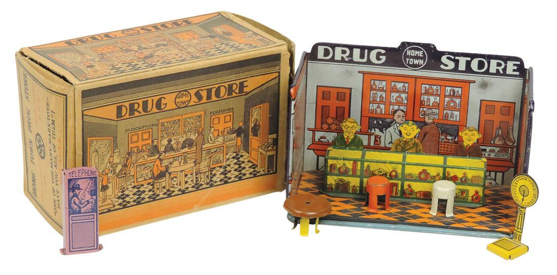 Toy Home Town Drug Store, Marx litho on tin windup w/accessories & orig box, c.1920s, Near Mint (1 of 2)