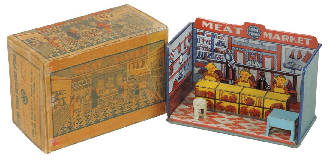Toy Home Town Meat Market, Marx litho on tin w/accessories & orig box, c.1920s, Exc cond, box (1 of 2)