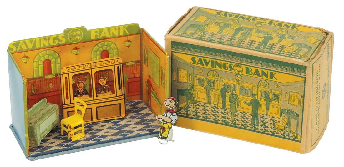 Toy Home Town Savings Bank, Marx litho on tin w/accessories & orig box, c.1920s, Near Mint cond, box (1 of 2)
