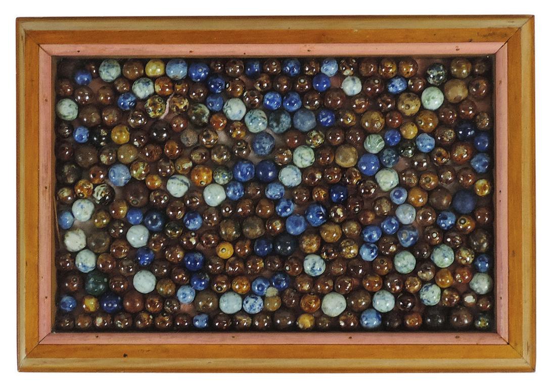 Toy Marbles, wood framed display of approx 250+ colored glaze Benningtons, Exc cond, 10"H x 14.5"W.: Toy Marbles, wood framed display of approx 250+ colored glaze Benningtons, Exc cond, 10"H x 14.5"W.
