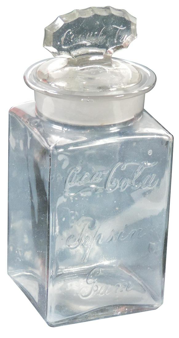 Coca-Cola Pepsin Gum Jar w/Lid, both embossed, c.1905-1911, Exc+ cond w/no chips or cracks, 11"H.: Coca-Cola Pepsin Gum Jar w/Lid, both embossed, c.1905-1911, Exc+ cond w/no chips or cracks, 11"H.