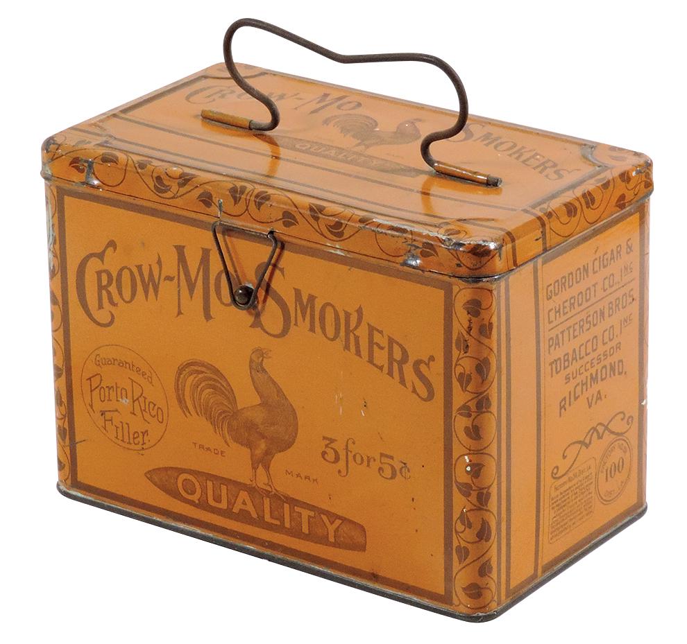 Tobacco Tin Lunchbox, Crow-Mo Smokers-3 for 5 Cents, Gordon Cigar & Cheroot Co.-Richmond, VA, great (1 of 3)
