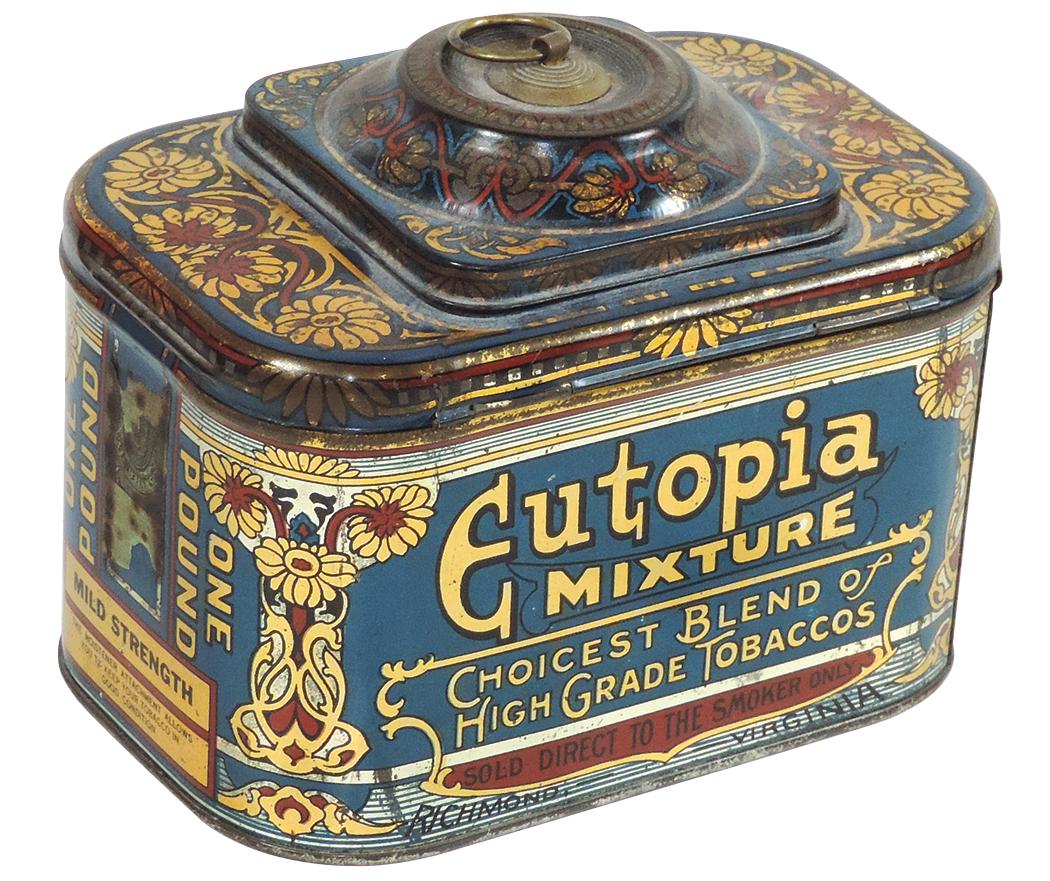 Tobacco Tin, Eutopia Mixture w/domed top, blue & gold litho, Choicest Blend of High Grade: Tobacco Tin, Eutopia Mixture w/domed top, blue & gold litho, Choicest Blend of High Grade Tobacco-Richmond, VA, hinged cover w/humidor, Exc cond w/strong color & gloss, 5.5"H x 7"W.