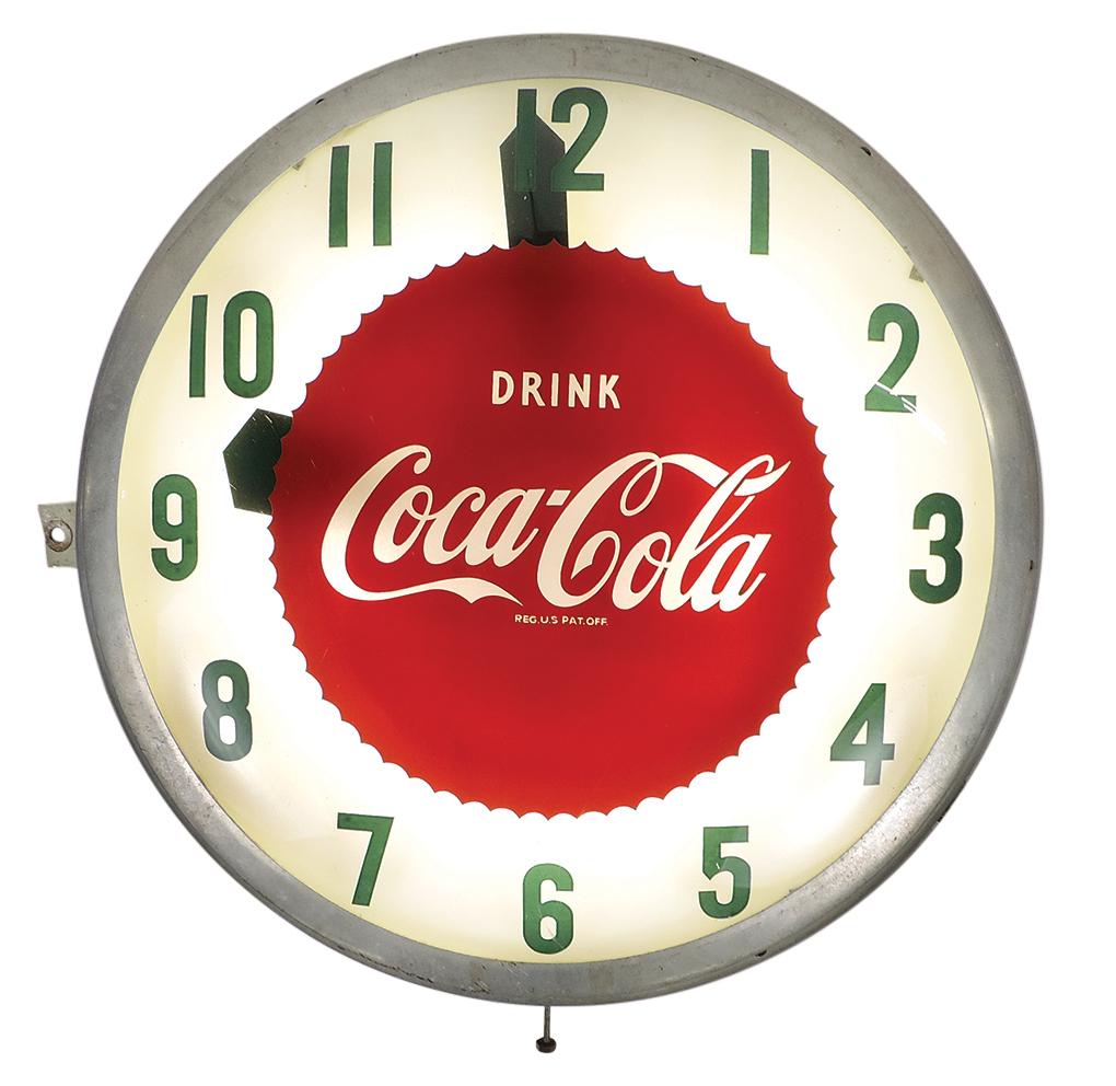 Coca-Cola Advertising Bubble Clock, scarce large saw-tooth button design in aluminum case, mfgd by: Coca-Cola Advertising Bubble Clock, scarce large saw-tooth button design in aluminum case, mfgd by Modern Clock Advertising Co.-Brooklyn, NY, VG working cond w/scratch to glass face & some misshaped j