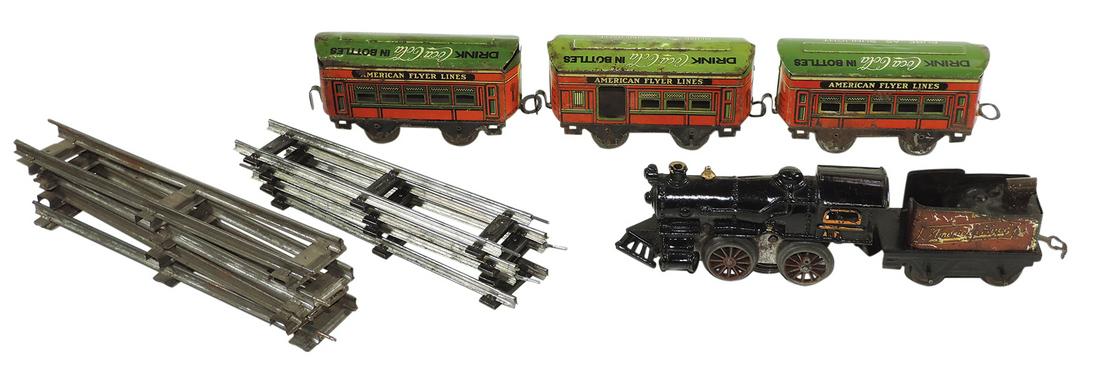 Coca-Cola American Flyer Train Set, c.1920's, Rare, 13 pcs.-cast iron engine marked A.F., tin coal (1 of 1)