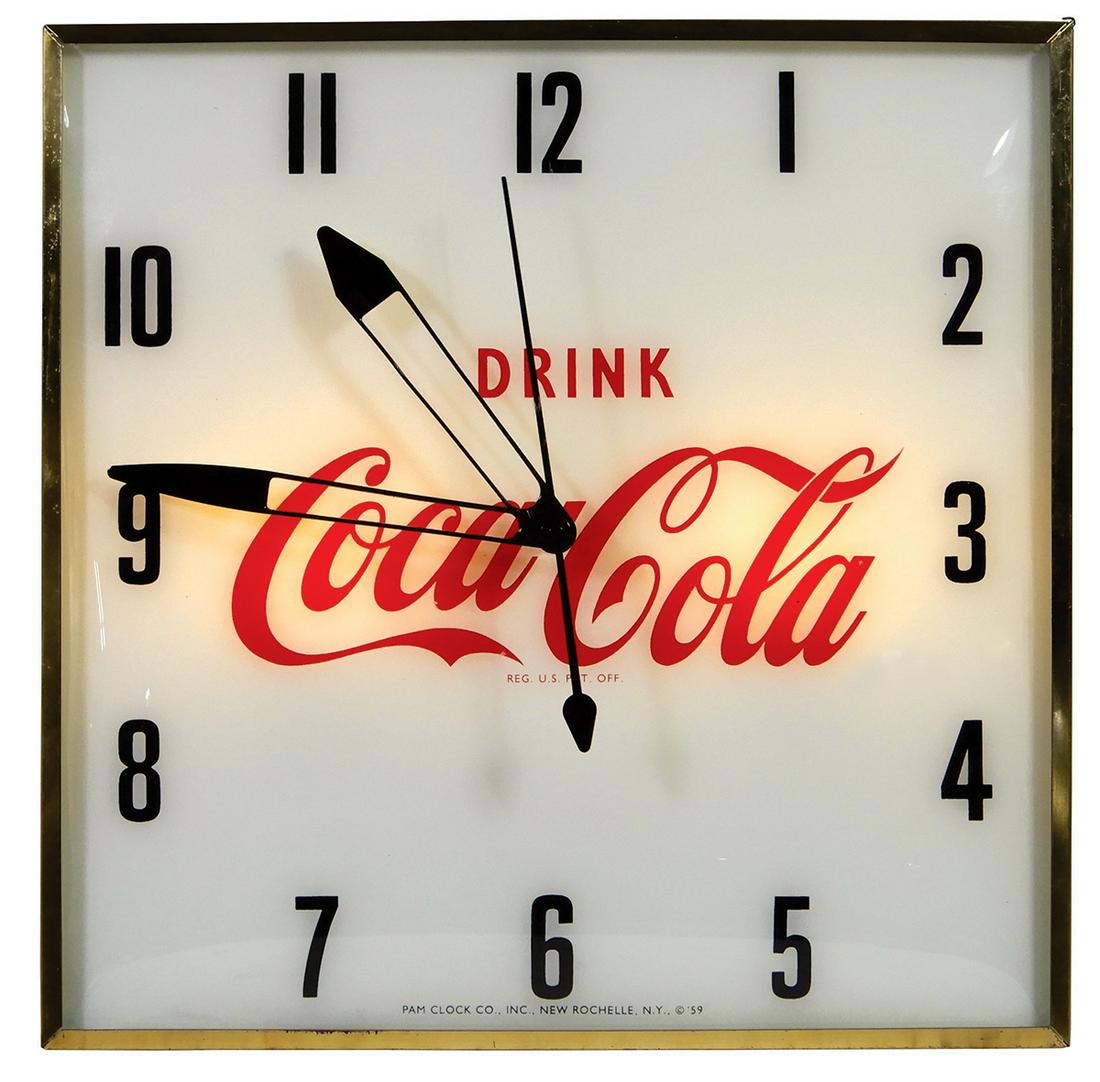 Coca-Cola Clock, Pam light-up, square case w/"Drink Coca-Cola" on painted glass face, c.1959, Exc to (1 of 1)