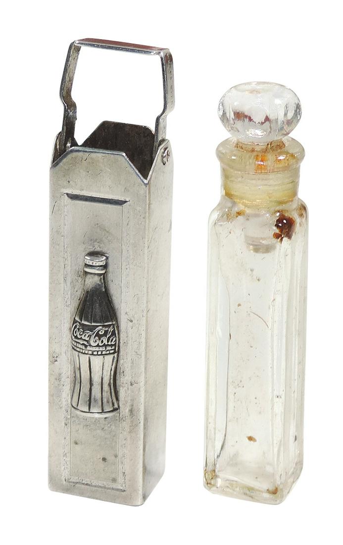 Coca-Cola Perfume Bottle, c.1960, sterling silver case w/applied sterling bottle, Very Rare, Exc (1 of 2)