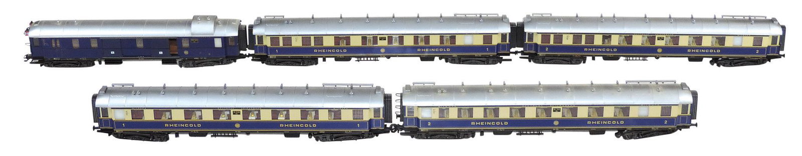 Toy Boxed Train Cars (5), Marklin HO #4228 Rheingold, long distance express cars, MIB cond, 25"L. (1 of 2)