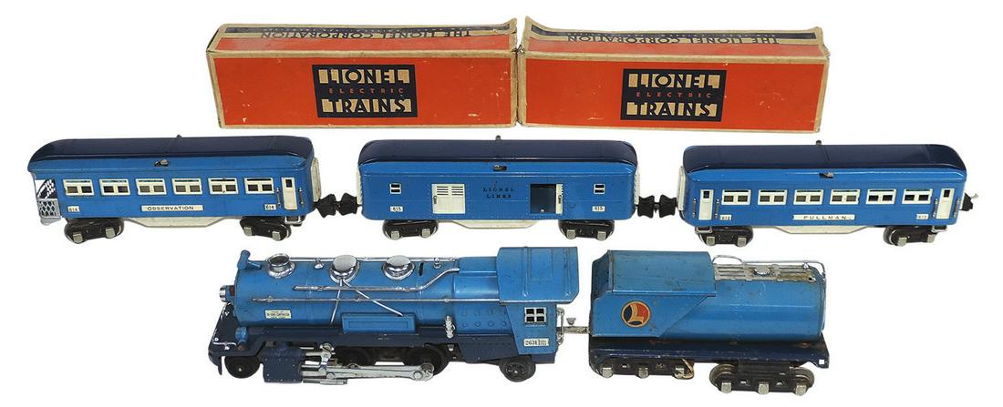 Toy Electric Blue Comet Train Set (5), Lionel pre-war O ga, w/263E loco & tender plus 613, 614 & 615: Toy Electric Blue Comet Train Set (5), Lionel pre-war O ga, w/263E loco & tender plus 613, 614 & 615 illuminated cars, pressed steel, VG to VG+ untested cond, tender Good cond, largest 12"L.