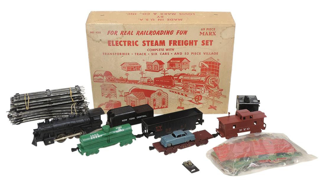 Toy Electric Steam Freight Set, Marx 69pc boxed set w/6 cars, track, transformer & cdbd litho (1 of 1)