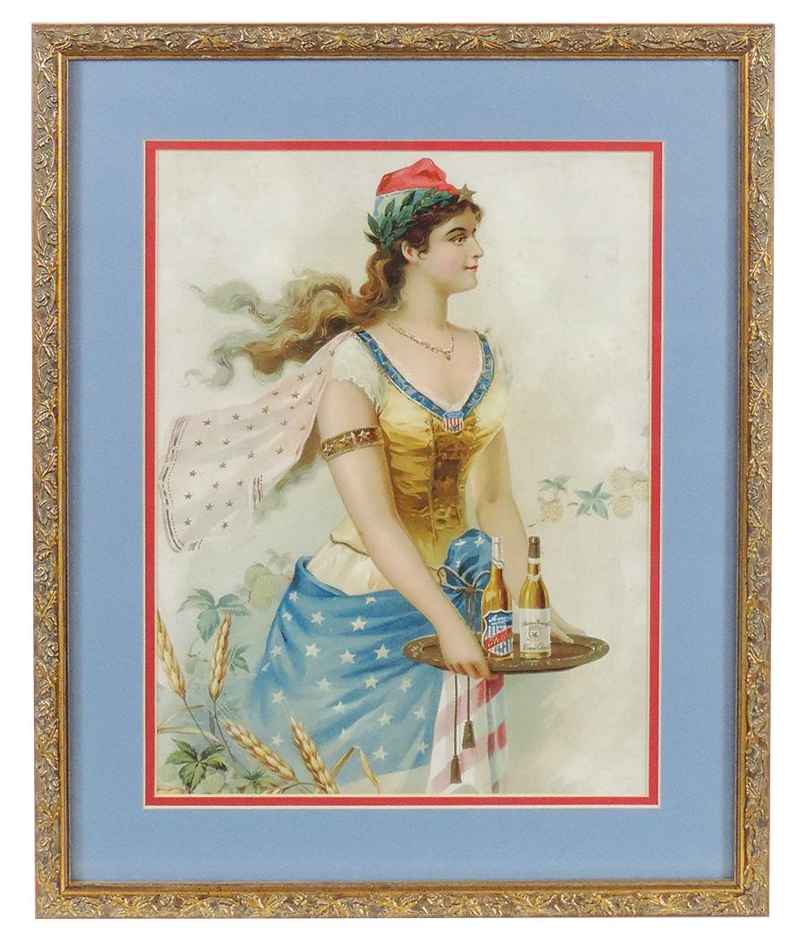 Breweriana Sign, American Brew Co., patriotic woman skirted in American flag serving beer, litho on (1 of 1)