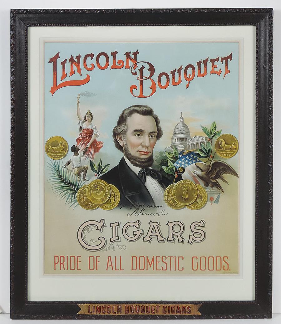 Cigar Sign, Lincoln Bouquet, by Geo. Schlegel-N.Y., large image of Lincoln flanked by lady Columbia (1 of 1)