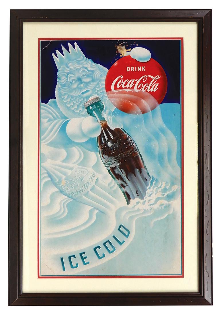 Coca-Cola Sign, "Ice Cold", litho on cdbd, framed, great graphic w/Snow King & Bottle, c.1940s, (1 of 1)