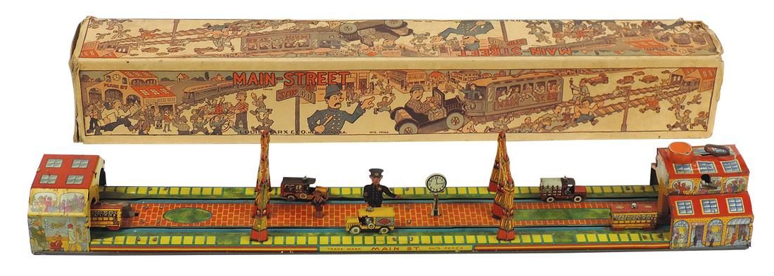 Toy Main Street, Louis Marx litho on tin windup, Exc working cond (sticks some) in orig box (wear & (1 of 3)