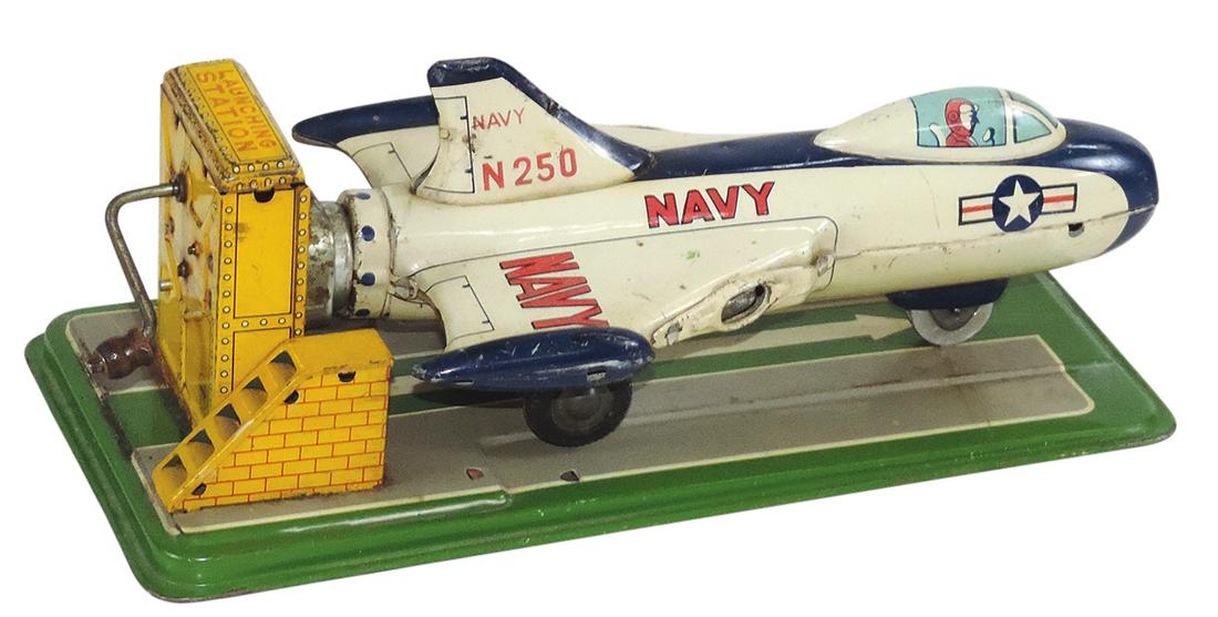 Toy Navy Fighter, mfgd by Marx-Linemar w/launching station, scarce litho on tin windup, VG working (1 of 2)