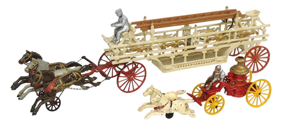 Toys (2), fire wagons, horse-drawn hook & ladder & steam engine, cast iron, later castings, VG+ (1 of 1)