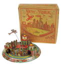 Toy New York Train & Plane, Louis Marx litho on tin windup, working cond in orig box, 10"Sq.