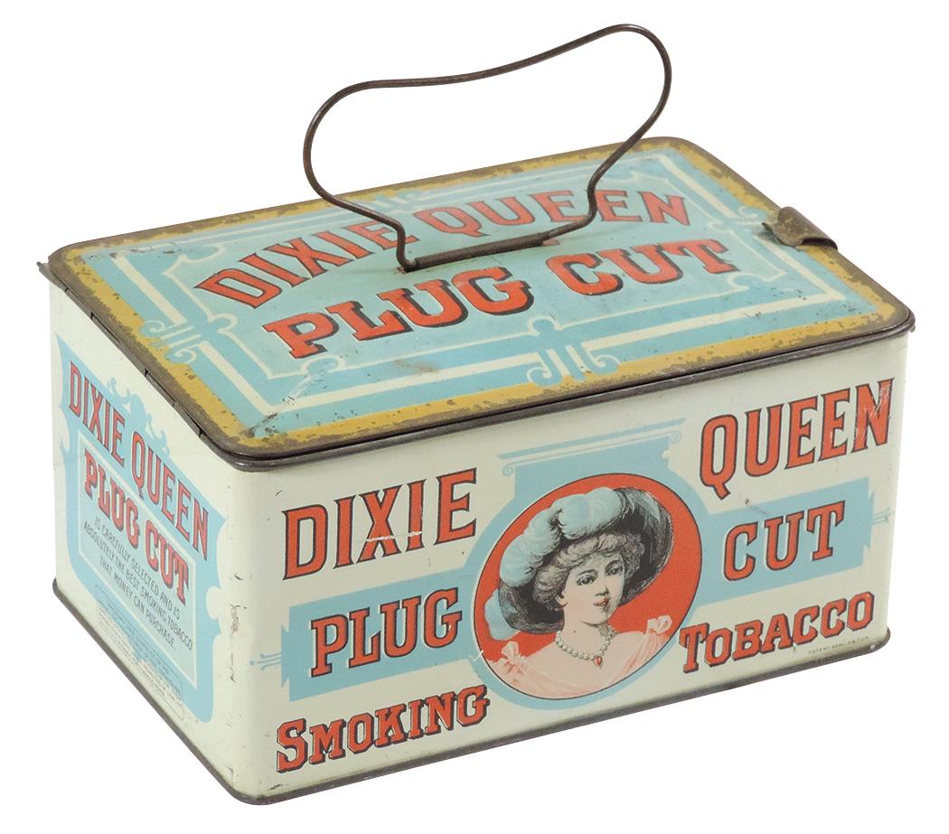 Tobacco Tin Lunchbox, Dixie Queen Plug Cut Smoking Tobacco, colorful Queen litho on front & rear, (1 of 3)