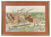 Breweriana Sign, Lauer Beer, large & impressive litho on paper w/colorful birds-eye view of the