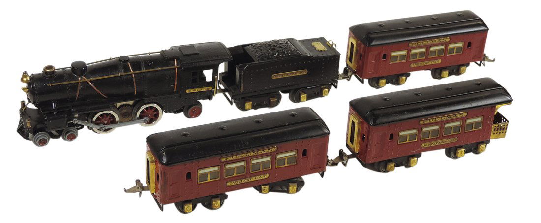 Toy Electric Train Set, Ives die-cast loco & tender w/painted tin cars, w/2 parlor & 136 obs, 1st (1 of 4)