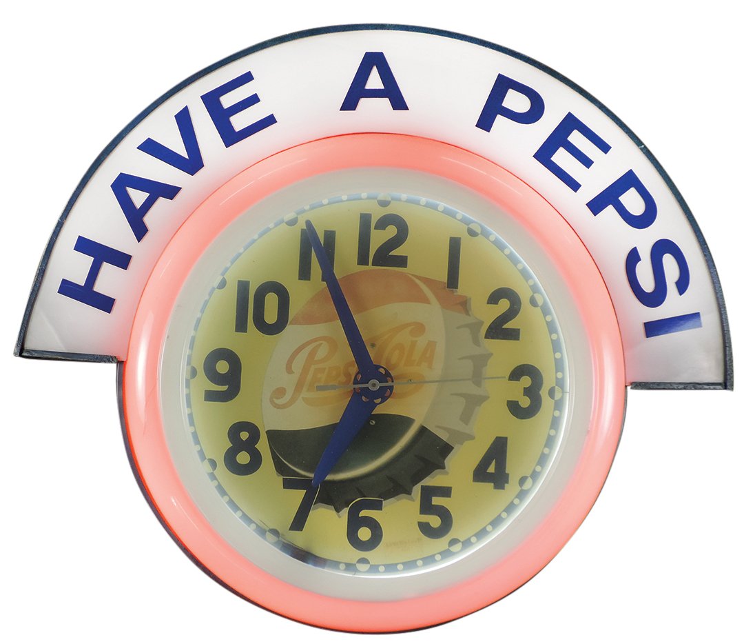 Soda Fountain Clock, Pepsi, round embossed steel can w/bottle cap dial, white neon inner tub (1 of 1)