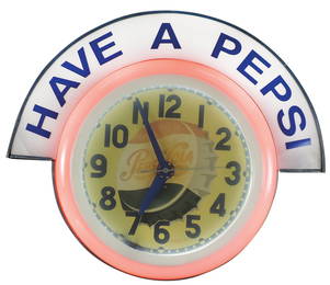 Soda Fountain Clock, Pepsi, round embossed steel can w/bottle cap dial, white neon inner tub