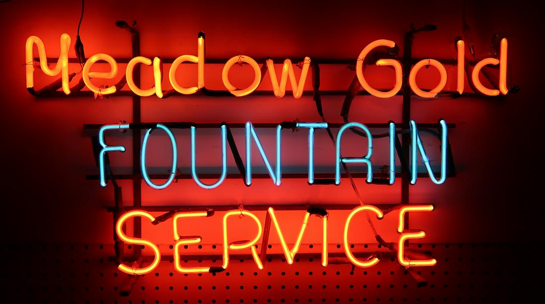 Soda Fountain Neon Sign, Meadow Gold Fountain Service, 3-color, Exc working cond, 17"H x 32"W. (1 of 1)