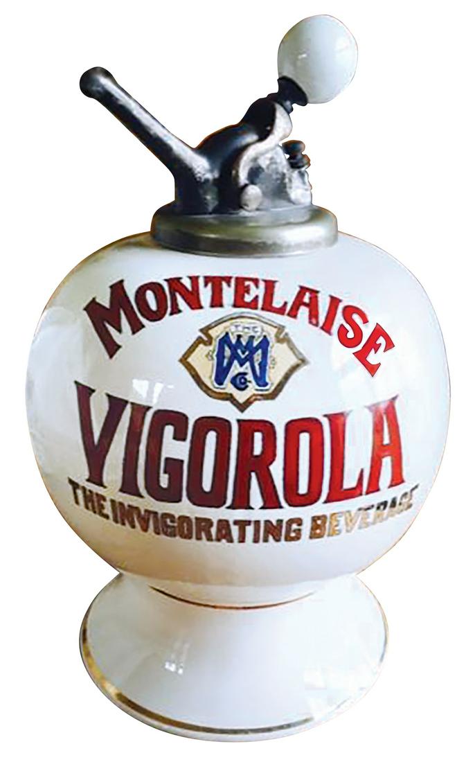 Soda Fountain Syrup Dispenser, Montelaise Vigorola-The Invigorating Beverage, ceramic ball shape (1 of 1)