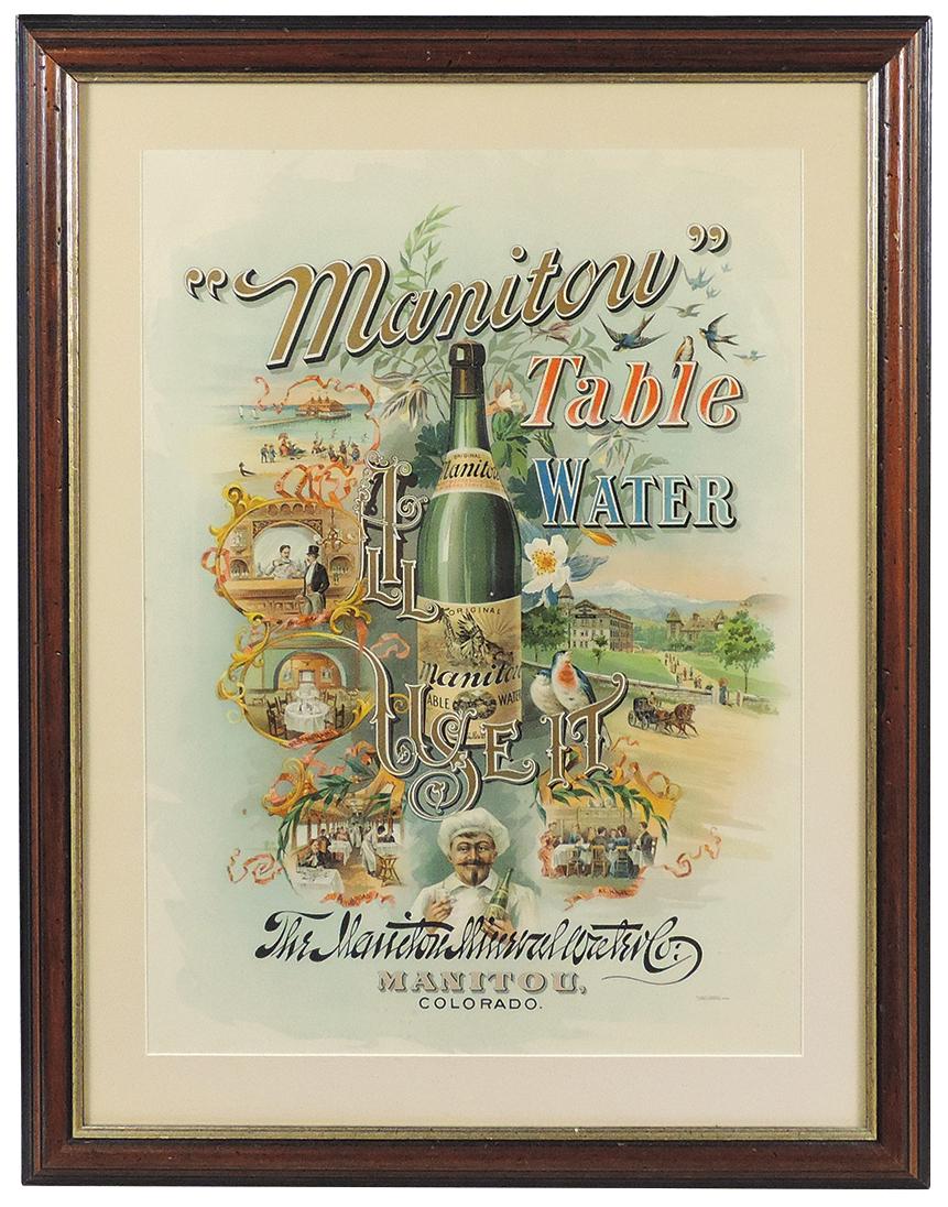 Mineral Water Poster, Manitou Table Water, large product bottle & scenic vignettes of use by (1 of 1)