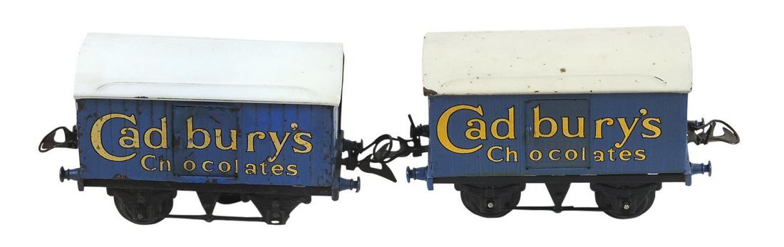 Toy Cadbury's Chocolate Box Cars (2), Hornby, O ga, litho on tin, 1 Exc cond & 1 VG cond (missing (1 of 1)