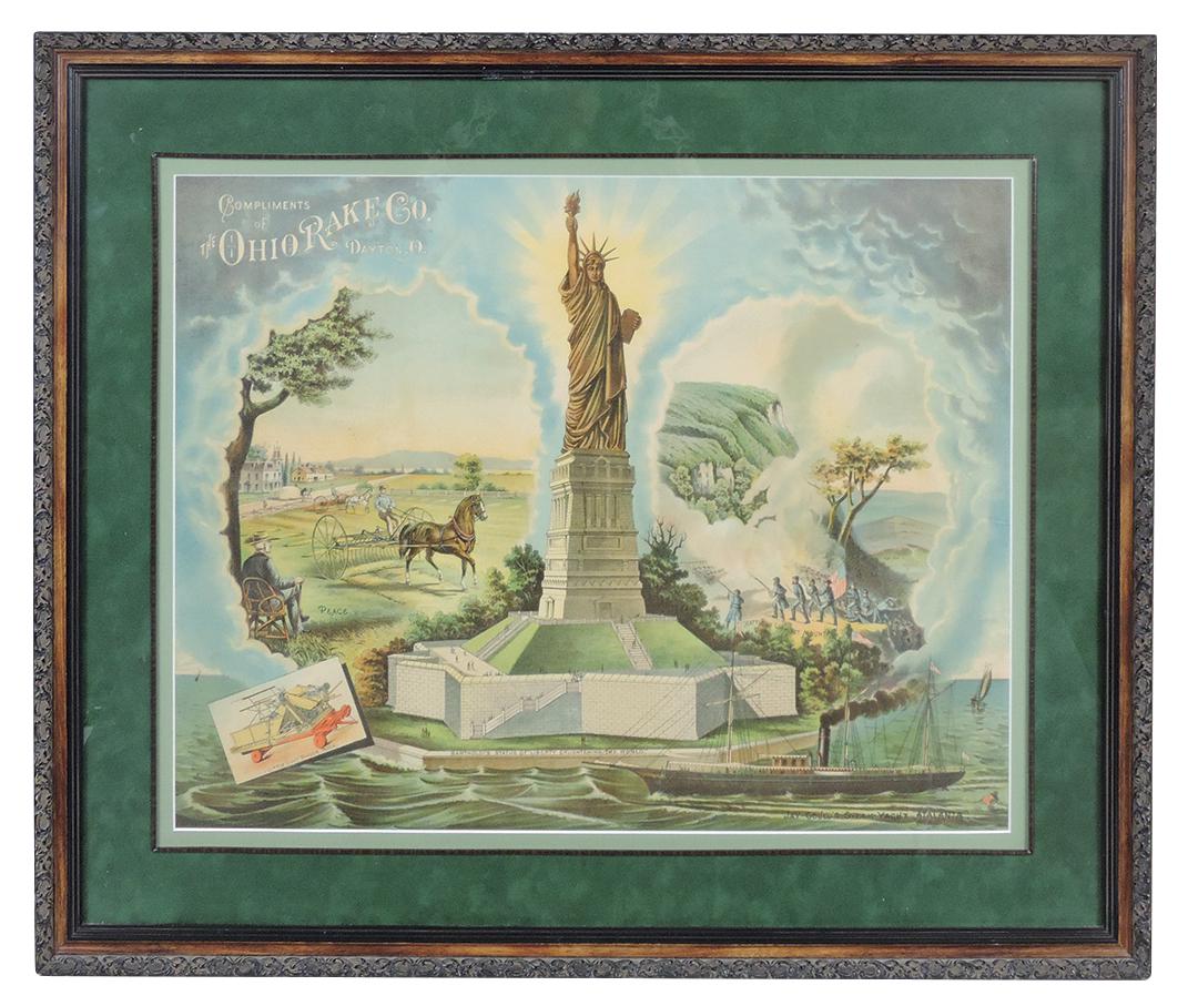 Farm Machinery poster, Ohio Rake Co., Rare patriotic litho on paper by Krebb's Litho Co., War/Peace (1 of 1)