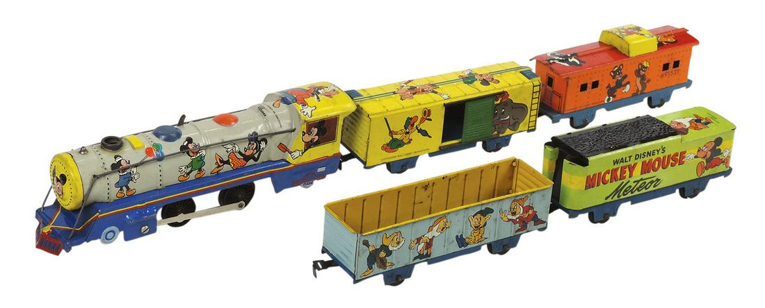 Toy Mickey Mouse Meteor Train, mfgd by Marx, w/loco, tender & 3 cars, litho on tin windup, VG+ (1 of 1)
