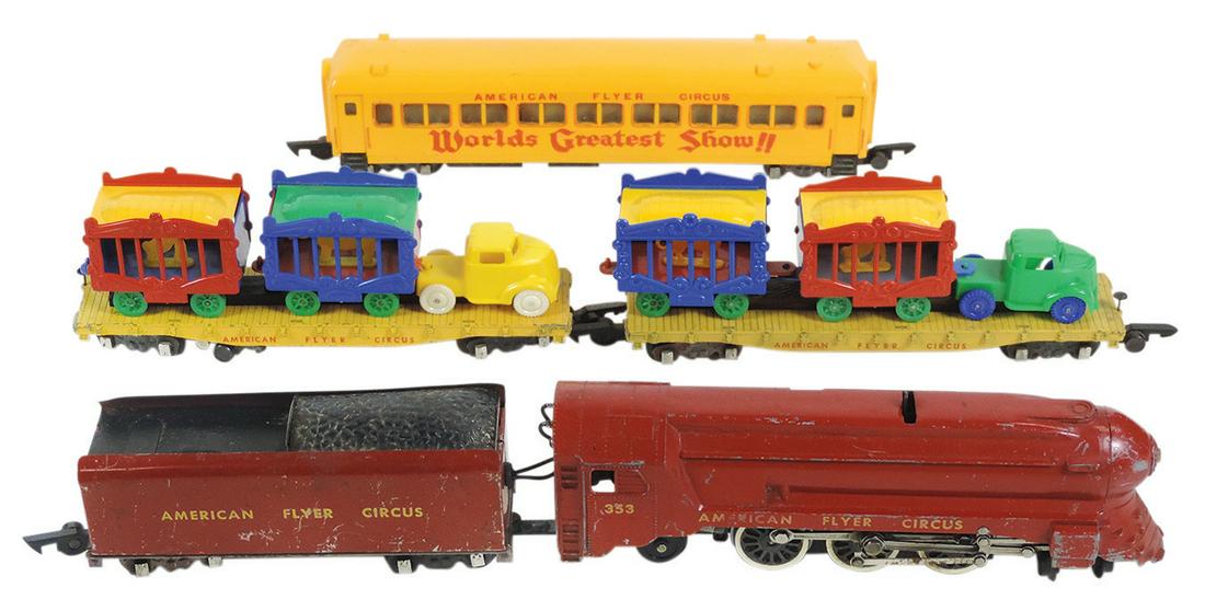 Toy Electric Circus Train (5), American Flyer w/red version 353 loco & tender, yellow pass car & 2 (1 of 1)
