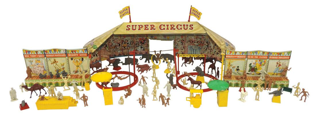 Toy Super Circus Play Set, mfgd by Marx, w/2 ring tent, sideshow panels & numerous figures, animals (1 of 6)