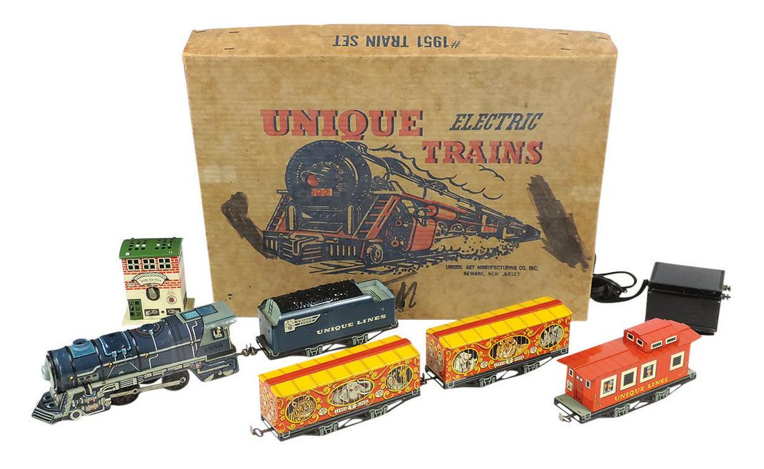 Toy Unique Circus Electric Train Set (7), mfgd by Unique Art, w/loco, tender, 2 cars, caboose, (1 of 1)