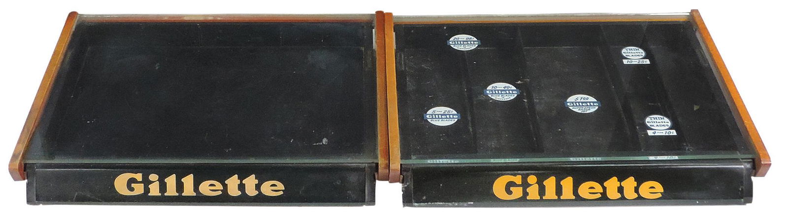 Barber Shop Gillette Razor Cases (2), countertop w/lifting glass covers, wood, 1 w/orig decals & (1 of 1)