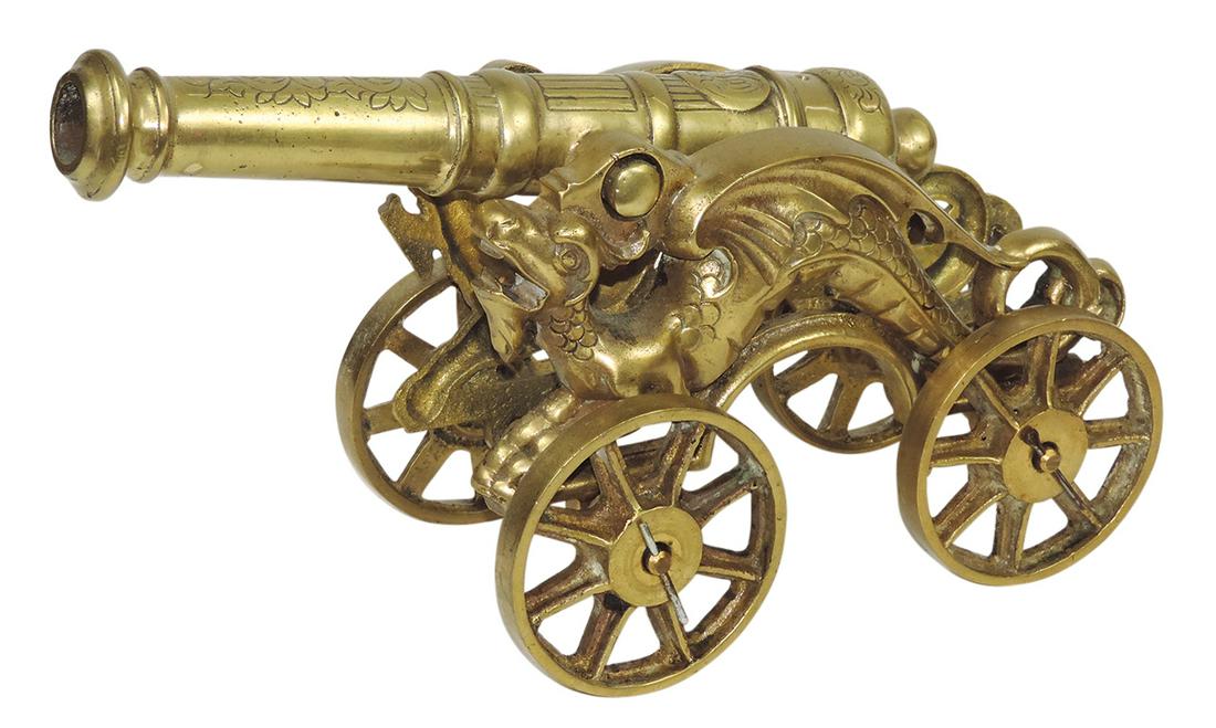 Military, Chinese Dragon desktop cannon, the chassis w/figural winged serpents, brass, VG cond w/1 (1 of 1)