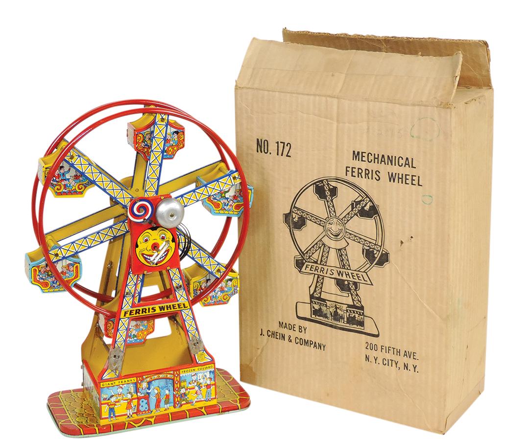 Toy, Chein & Co. Ferris Wheel in orig box, litho on tin windup, Exc working cond but clapper wheel (1 of 1)