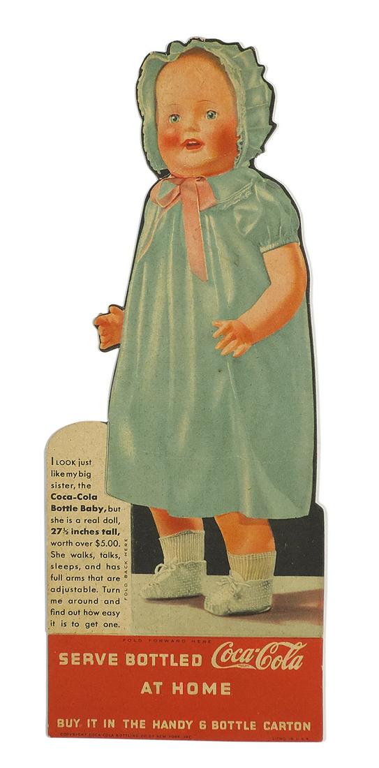 Coca-Cola Baby Doll cdbd cutout, c.1930's, store promotional to get a Coca-Cola Baby Doll for only: Coca-Cola Baby Doll cdbd cutout, c.1930's, store promotional to get a Coca-Cola Baby Doll for only $1.95, VG cond w/old crease on bonnet & neck, some stain on back, 9.5"H x 4"W.